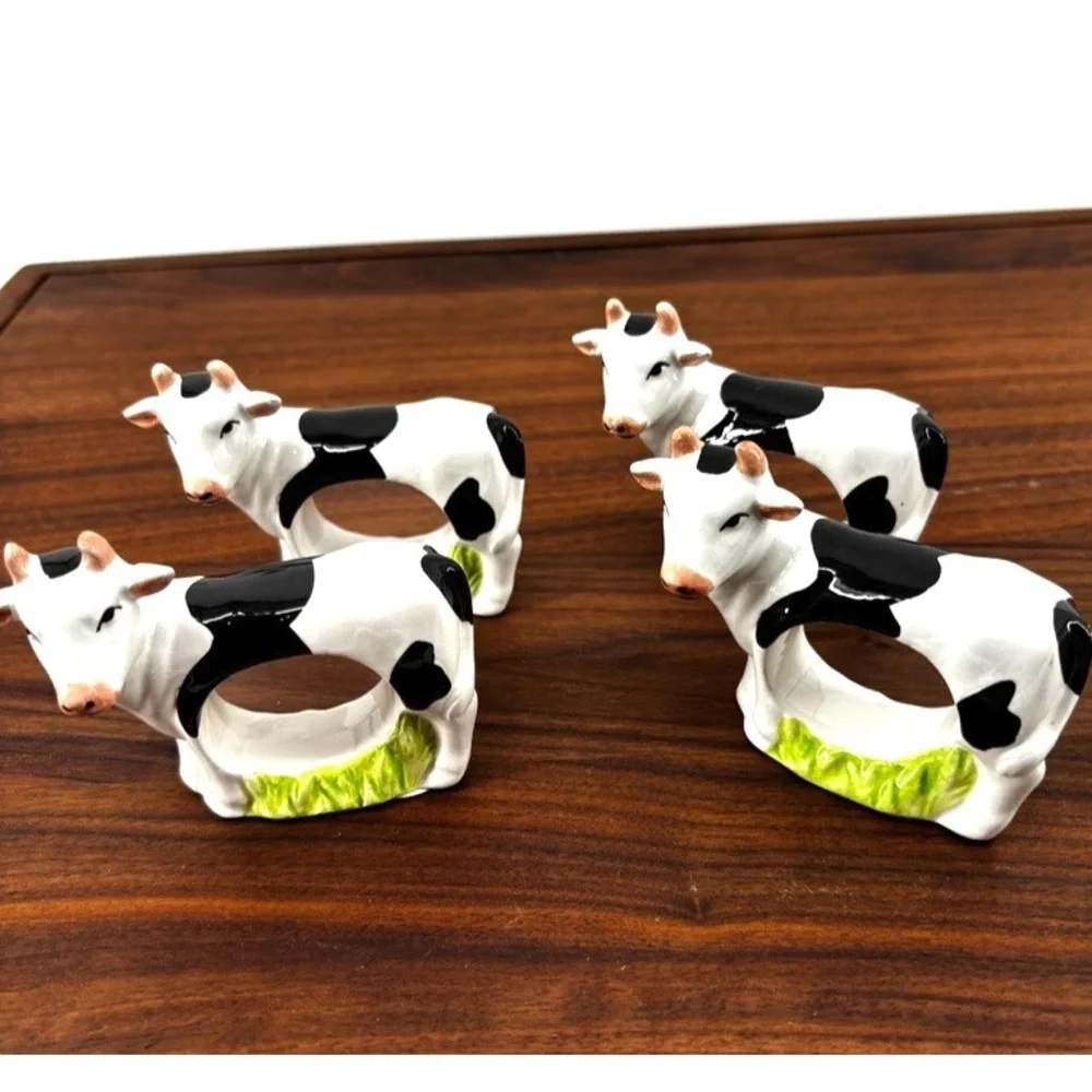 Ceramic Cow Napkin Rings Set of 4 Black & White Farmhouse Country Table Decor